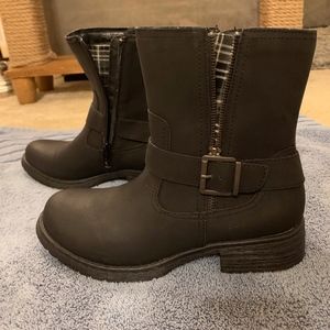 Black Moto Ankle Boots with Plaid Zip-Lining